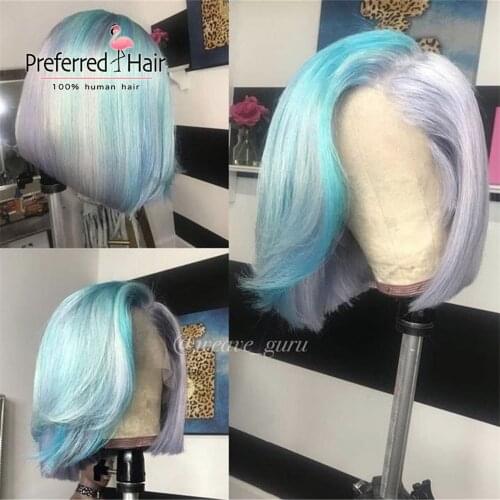 Preferred Short Bob Lace Front Wigs Remy Brazilian Blue Pink Ombre Bob Wig Pre Plucked Red Lace Front Human Hair Wigs for Women