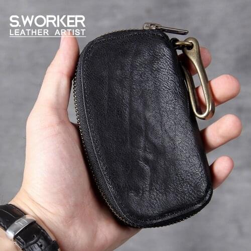 S.WORKER Genuine Leather Key Chain Mens Fashion Waist Car Key Chain Remote Case Multifunction Card Holder Vintage Style Women