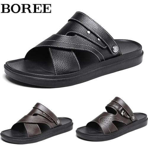 Men Leather Sandals Summer Classic Men Beach Casual Shoes Soft Comfortable Hiking Non-slip Sandals Outdoor Fashion Half Slippers