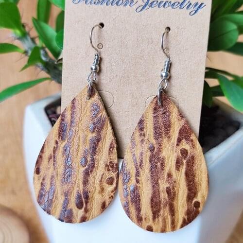 Handmade Embossed Genuine Brown Leather Teardrop Drop Earrings
