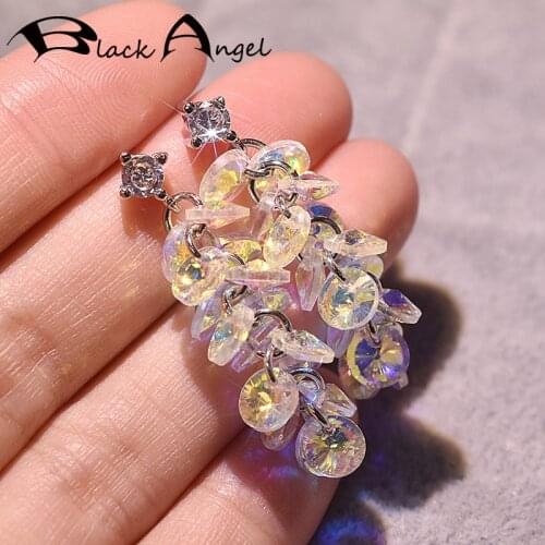 BLACK ANGEL Super Bling Shiny Fashion Rainbow Color Crystal Gemstone 925 Silver Long Drop Earrings For Women Jewelry Gift