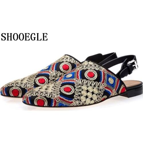 SHOOEGLE New Men Bohemia Style Canvas Mules Shoes Floral Embroidery Flats Calfskin Straps Buckle Shoes Men Casual Slipper Shoes