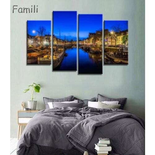 Nordic Decoration Modern Decorative Home Decor Picture 4 Piece Large Netherlands City Landscape Canvas Painting Pictures Modular