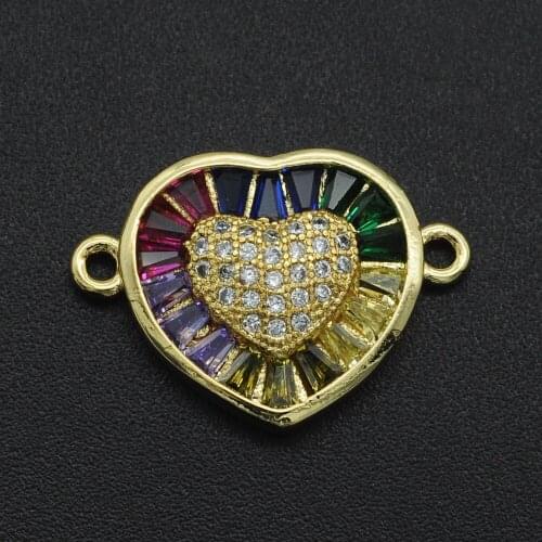14x20mm 100% CZ Zircon DIY Jewelry Rainbow Heart Connectors Charm Wholesale Jewellery Connector Custom Orders Welcome