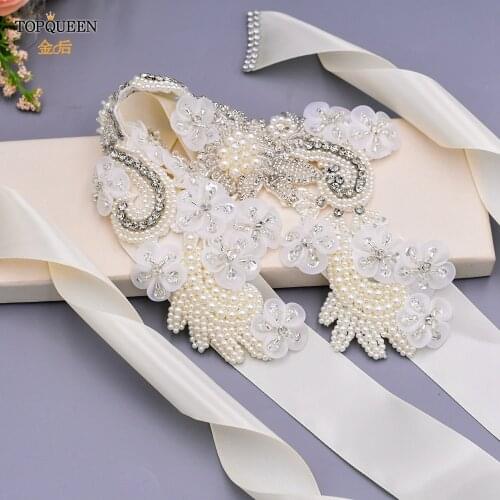 TOPQUEEN S331 Beaded Maternity Sash Organza Flower Bridal Pearl Belts for Dresses Wedding Sash Black Belt Formal Belt for Women