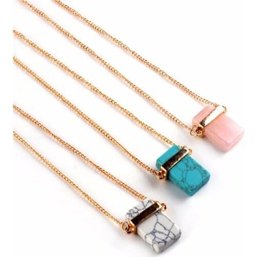 3 colors Square P Quartz Pendant Collier Gold Long Chains White Turquois Natural Marble Stone Necklace collars jewelr