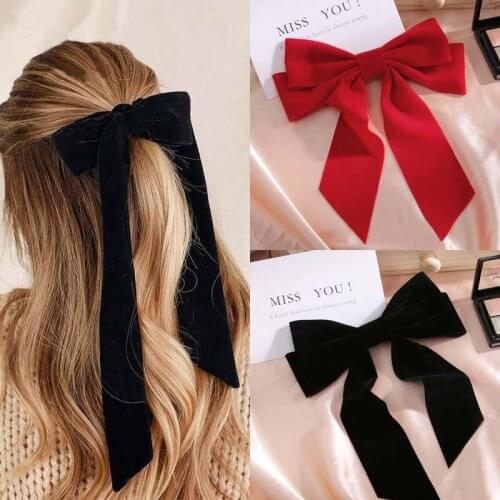Girls Black Red Big Velvet Bow Hair Clip For Women Vintage Wedding Long Ribbon Korean Hairpins Barrette Hair Accessories