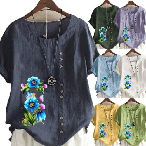 Womens Linen Shirt Round Collar Flower Printed T-shirt Short Sleeve Casual Shirt Ladies Plus Size Looes Tops & Blouses
