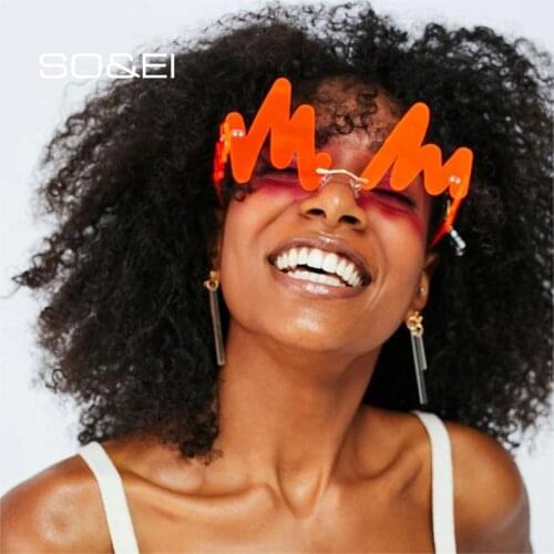 SO&EI Fashion Unique Wave Shape Sunglasses Women Vintage Rimless Clear Ocean Lens Eyewear Men Irregular Sun Glasses Shades UV400