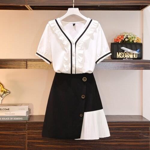 Women Sets Plus Size 4XL Loose Casual Fashion Black Elastic-waist Pleated Skirts office Street-wear Stylish Korean Style Chic