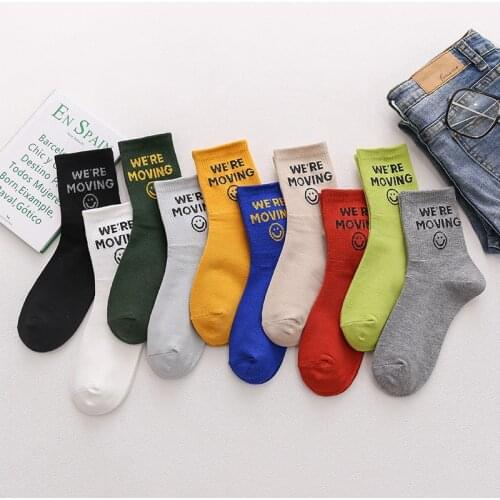 Spring and Summer Tide English Alphabet White Black Middle Tube Ladies Socks Fashion Cute Cartoon Smiley Street Style Ladies