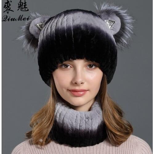 Women Winter Real Fur Sets Cap Scarf Real Rex Rabbit Fur Lined Knitted Beanies Cute Fox Thicken Fur Neck Ring Genuine Fur Hat