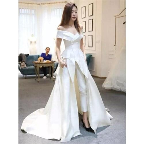 Hot Selling Long Pant Suit Women Evening Party Gowns with Overskirts Off Shoulder Prom Dresses Zipper Back Formal Dress