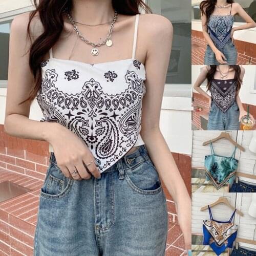 Null Women Summer Spaghetti Strap Tube Top Boho Paisley Leaves Print Slim Bandeau Camisole Sexy Knitted Backless Asymmetrical