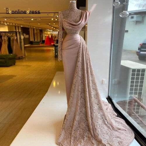 Sexy Long Sleeves Mermaid Eening Dresses 2020 High Collar One Shoulder Long Formal Gowns Beaded Evening Dress robe de soiree