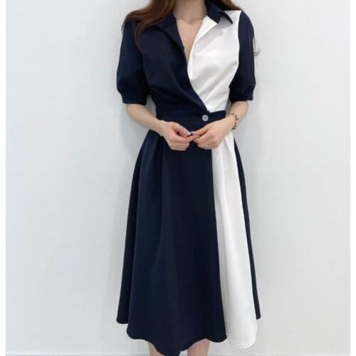 Women Short Sleeve Dress 2021 Summer Fashion Turn-down Splice Belt Button Ladies Shirt Dress Vintage Casual Elegant Party Dress