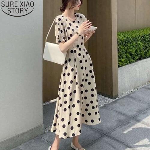 2021 Summer French Polka Dot Chiffon Dress Women Midi Long Dress High Waist Plus Size Loose O-neck Short Sleeve Dresses 13832