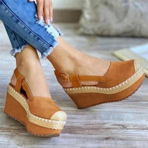 2021 Womens Solid Color Suede Stitching Woven Wedges Buckle Round Toe High-heeled Fashion Trend Sexy Elegant All-match Sandals