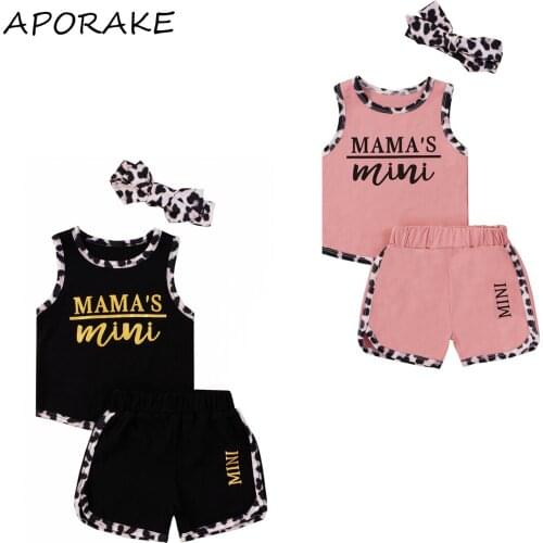 2021 0-24M MAMAS MINI Infant Baby Clothing Letter Print Sleeveless Top Vest+LeopardShorts+Headband 3pcs For Boys Girls