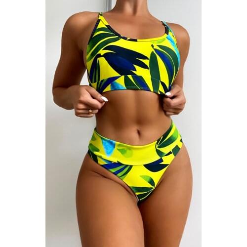 2021 Sexy Green Leaves Printed Female Swimsuit High Waist Bikini Women Swimwear Two-pieces Bikini set Bather Bathing Suit Swim