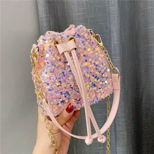 2021 Women Mini Sequin Bucket Shoulder Bag Chain Evening Party Messenger Crossbody Bag For Girls Female Handbag Woman Bag
