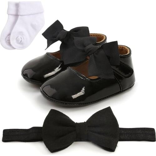 3pcs/set Autumn Baby Girl Crib Shoes Baby Girl Bowknot Toddler Shoes + 1 Headband + 1 Socks For Infant 0-18M Walking Shoes New