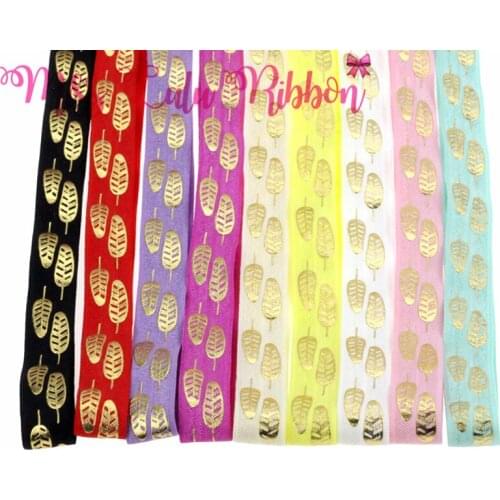5/8"16mm gold foli feather printed fold over elastic ribbon diy handmade hair bows party decoration 10 yards 10 colors