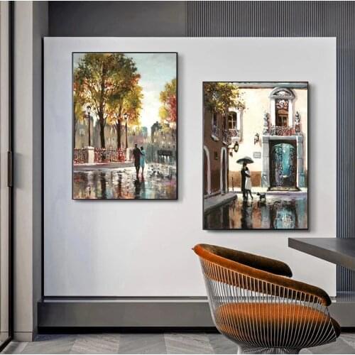 Abstract City Street Couple Landscape Canvas Painting Posters and Print Cuadros Wall Art Picture for Living Room Home Decoration