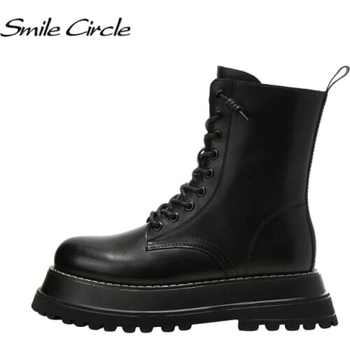 Smile Circle Chelsea Boots Women Ankle boots Genuine Leather Flat Platform shoes Autumn fashion Round-toe Boots Lady shoes
