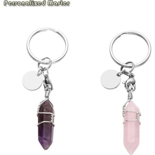 Personalized Master Customized Name Symbol Keychains Natural Hexagon Prism Bead Stone key Chain gift for friends family lovers