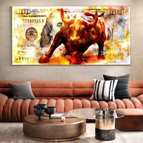 Money Bull Bear Abstract Animal Posters Dollars Picture Angry Cow Wall Art Paintings for Interior Canvas Painting ForLiving Room