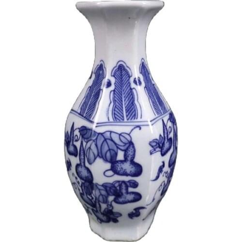 Jingdezhen Ceramic Vase hand painted blue and white gourd pattern hexagonal Vase ornament flower arrangement tea art