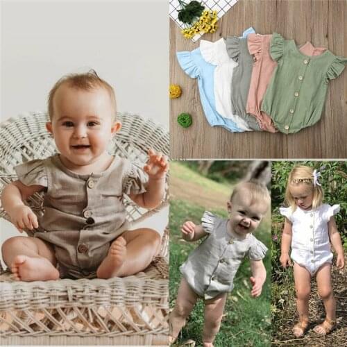 Newborn Baby Girl Boy Clothes Bodysuits Ruffles Ramie Cotton Playsuits Solid Buttons Sunsuits Unisex Baby Bodysuits Tops 0-24M