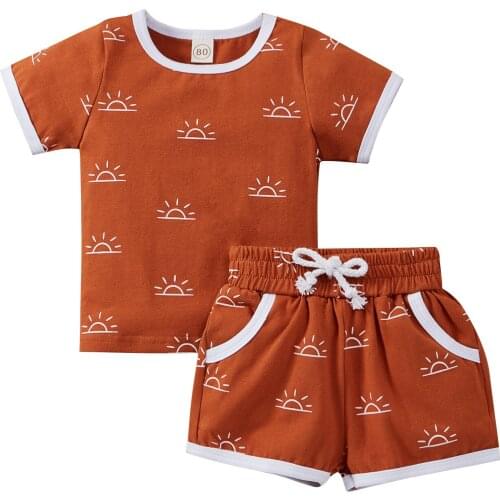 2021-04-01 Lioraitiin 2Pcs Set 0-3Years Toddler Baby Boy Girl Sun Print Clothes Short Sleeve T-shirt Drawstring Short Pants