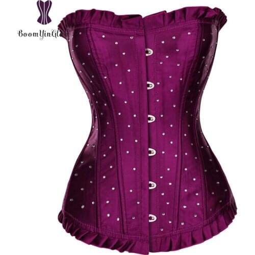 Waist Trainer Corset Satin Push Up Overbust Top Purple Rhinestone Corselet Sexy Lingerie Lace Up Bustiers Satin Busk Gorset Sexy