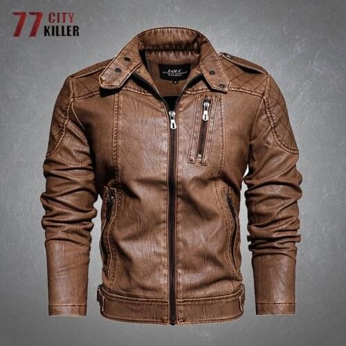 PU Leather Jacket Men Fleece Warm Multiple Pockets Solid Color Coats Male Casual Stand Collar Motorcycle Faux Leather Jacket Men