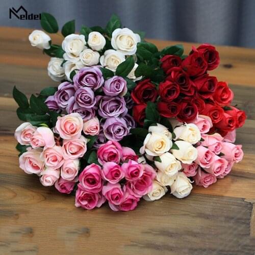 Meldel Rose Flower Bouquet Wedding 12 Heads Artificial Flower Fake Silk Rose Mini Bouquet Home Party Wedding Table Decoration