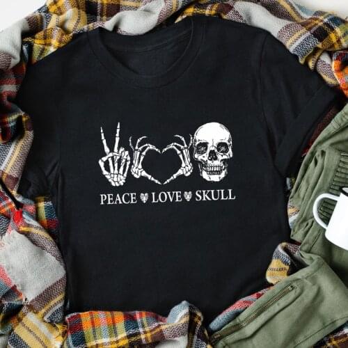 Peace Love Skull 100% Cotton T-shirt Funny Halloween Skeleton Tshirt Aesthetic Women Hipster Rock On Hands Graphic Tee Top