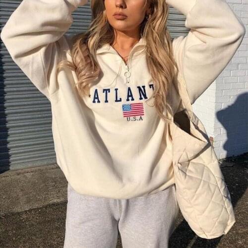 Autumn New Pullover Womens Casual Embroidery Long-sleeved Printed Zipper Loose Oversized T-shirt Qn