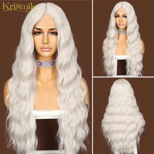 Krismile T-Part Lace Front 60# Silver White Water Wave Middle Part Synthetic Wigs for Women High Temperature Party Cosplay Daily