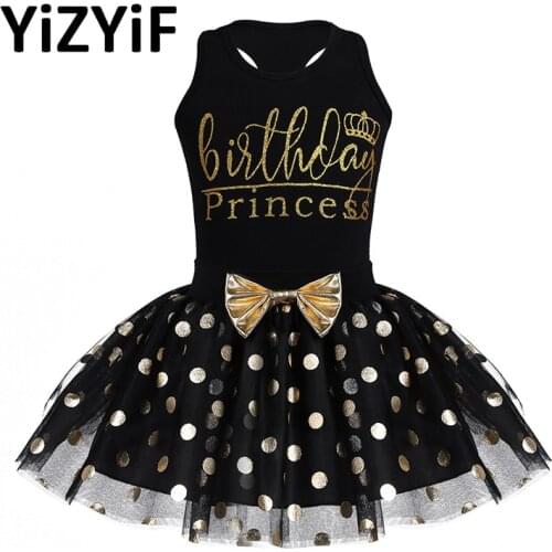 Infant Baby Dress Letter Print Birthday Princess Outfit Sleeveless Tops with Polka Dots Skirt Set for Children Dancing Gift