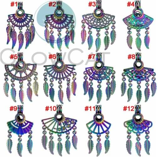 Rainbow Filigree Pendant Pearl Cage Essential Oil Diffuser Beads Cage Locket Bohemia Pendant 12X