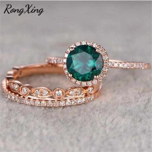 RongXing May Birthstone Round Stone Green Rings Sets Rose Gold Filled Three Layers Bridal Zircon Fashion Sets Lover Jewelry Gift