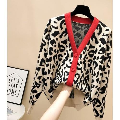 Leopard sweater female cardigan short 2020 new autumn and winter lazy wind Korean loose net red retro knitted jacket