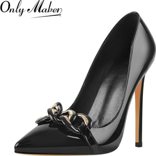 Onlymaker Womens Pointed Toe Pumps Slip-On Black Patent Leather Metal Chain Stiletto High Heels Shoes Big Size Concise Office