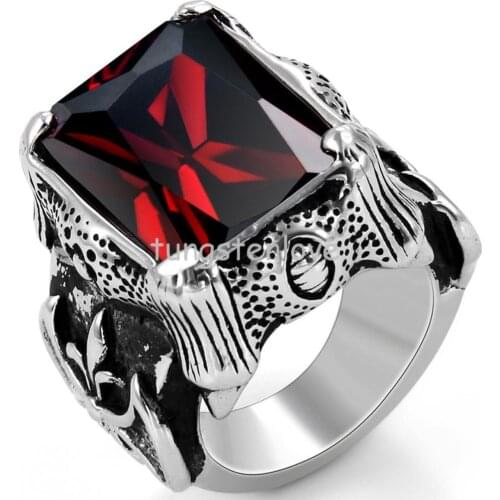 Vintage Style Stainless Steel Red Cz Rings Dragon Claw Biker Men Engagement Rings, Black Silver Color Red