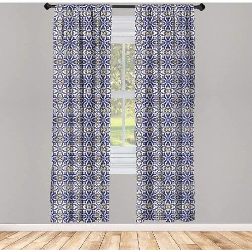 Talavera Curtains Curlicue and Floral Ornamental Portuguese Tiles Print Window Treatments for Living Room Bedroom