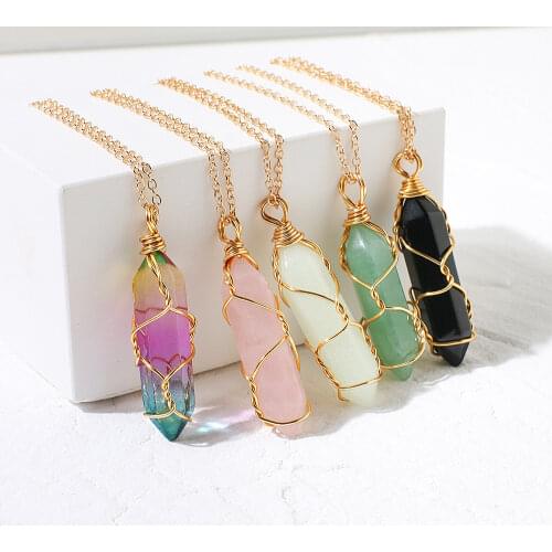 Fashion Trend Real Natural Pink Stone Long Pendat Necklace Bohemian Stone Necklace Gifts for Women Female Neck Fashion Jewelry