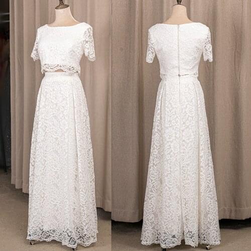 Crop Top Lace Church Wedding Dresses Two Pieces Bridal Gowns Beach 2021 Short Sleeves Zipper A Line Full Length 3181# Hochzeit