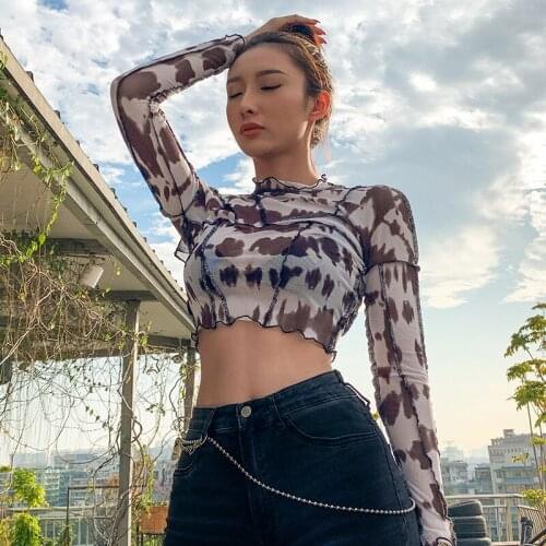 BKLD Woman Tshirt Top Mesh Long Sleeve Sheer Shirt 2020 New Fashion Backless Printed See-through Fishnet Top Crop Tshirt Women